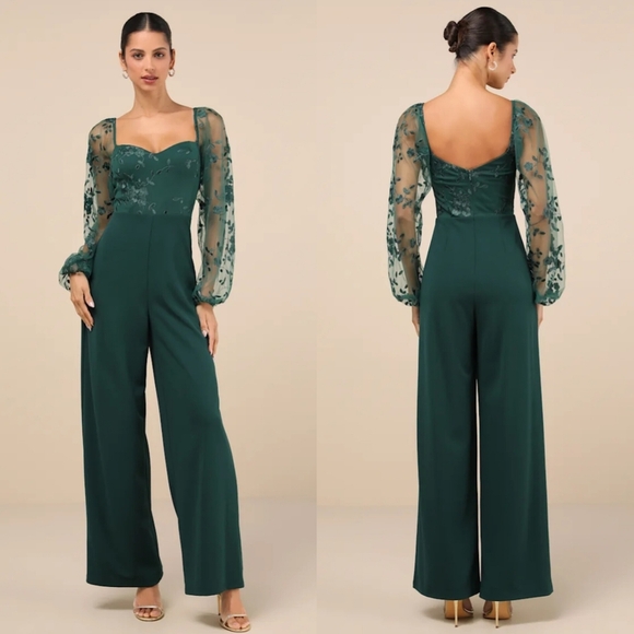 Lulus Darling Charisma Emerald Mesh Embroidered Jumpsuit M Wedding Party Evening - Picture 1 of 10